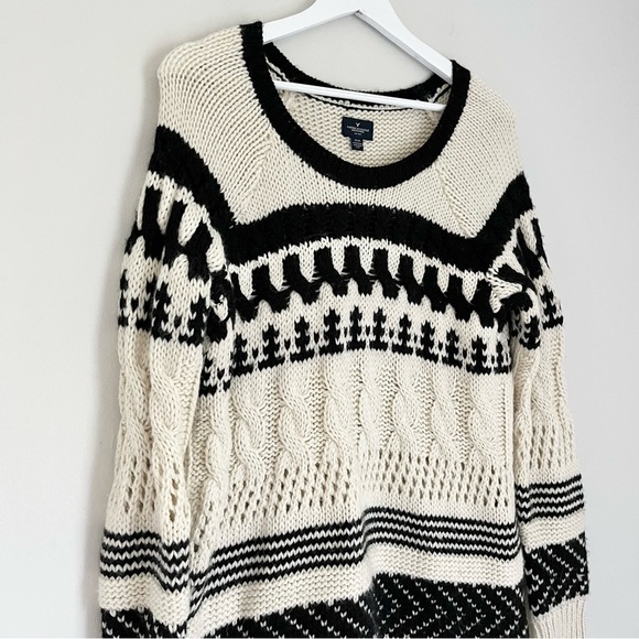 American Eagle Wool Cable Knit Fair Isle Knit Sweater Black White Size Medium - Picture 3 of 9